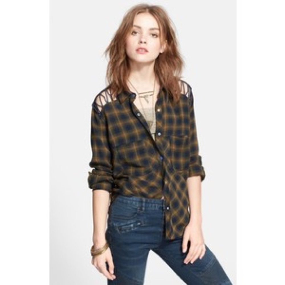 FREE PEOPLE LACE UP SHOULDER PLAID TOP